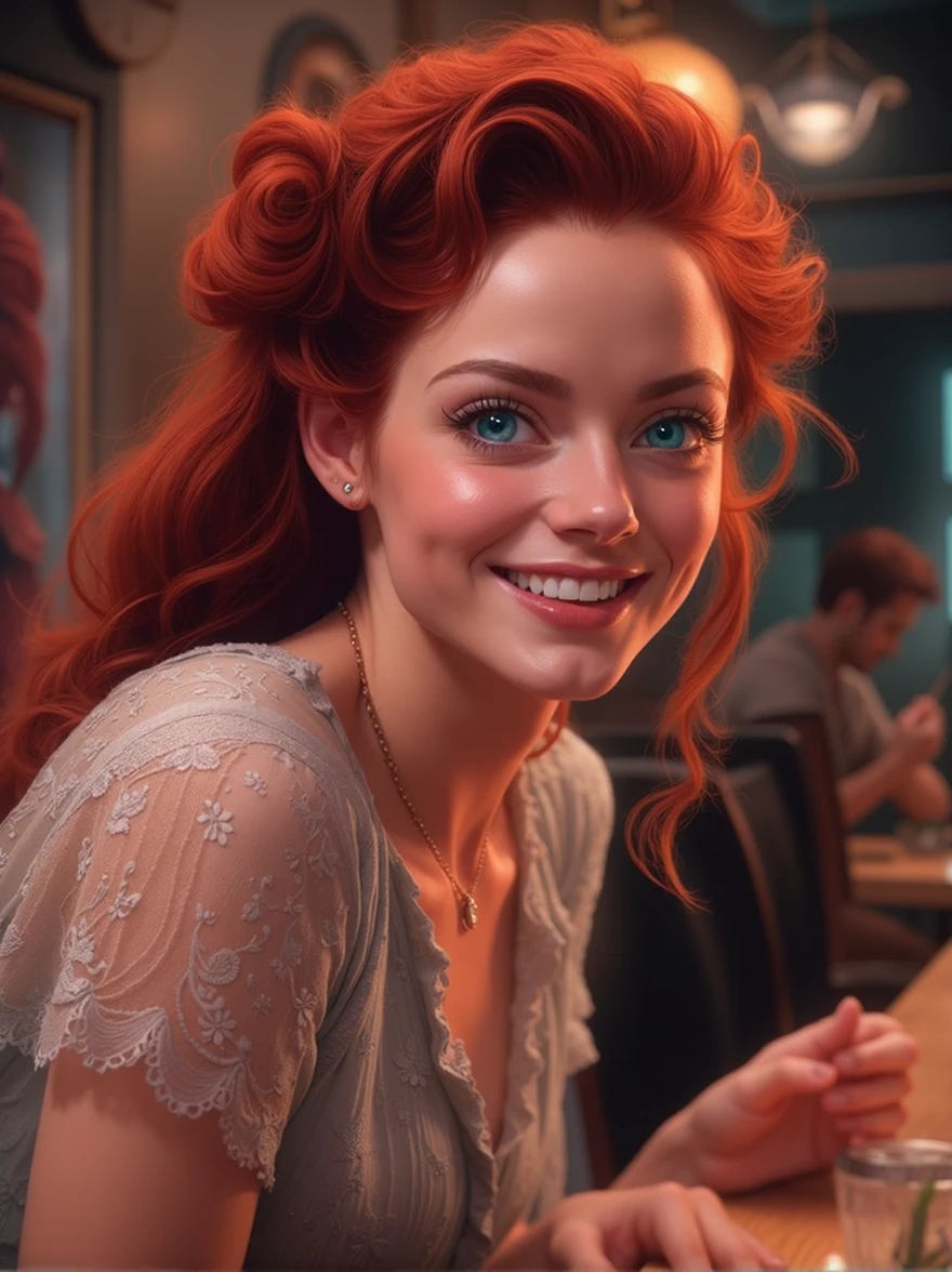 A cinematic photorealistic color digital painting of a 20 years old gorgeous appealing amative red haired woman [Kaya Scodelario : Maude Adams : 0.35] looking at viewer gently, ornated modest dress, blush, light laugh, sit on chair at a resto, detailed face, insanely detailed and intricate, crisp sharp and clear, volumetric lighting, ultra-high resolution, masterpiece hyper realistic artwork of Don Lawrence, insanely detailed and intricate, centered, cinematic aesthetic lighting art by Tim Burton trending on Artstation.