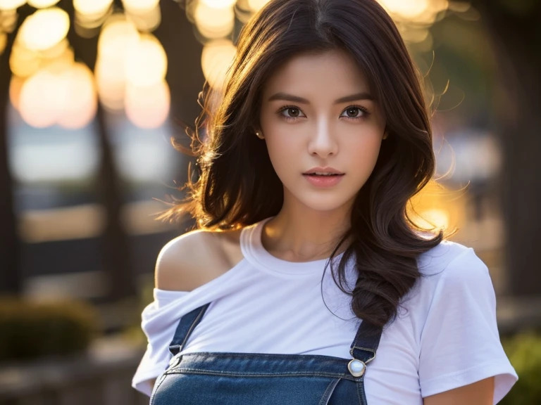 ((midnight, best quality, 8 thousand, masterpiece :1.3)), whole body, long legs, sharp focus :1.2, pretty girl with perfect body :1.4, slim abs :1.1, ((dark brown hair, big bust :1.2)), (white tight t-shirt, bib jeans, standing:1.2), ((measures:1.3)), Highly detailed face and skin texture, detailed eyes, double eyelid, sunset, To become dark, backlight, off shoulder