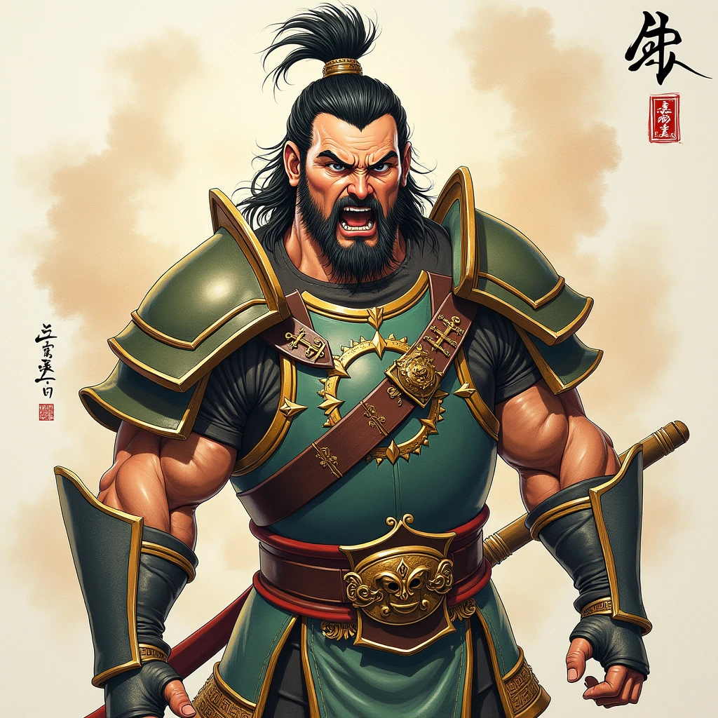 Ink Painting,Military commander,Three Kingdoms,realism,Watercolor,雄叫びをあげる勇まShii将軍,Muscular and rough々Shii,Prepared to die,zhangfei,Biceps,shock wave,Round face and bulging eyes,Shouting threats towards here,Backlit majesty々,Tiger-like whiskers,Gatekeeper of Hell,My eyes are hot,Estimated 30 years old、Open your mouth wide and scream,Covered in scars,Short hair and a broken helmet,Tiger-like body hair and whiskers,Green hood,