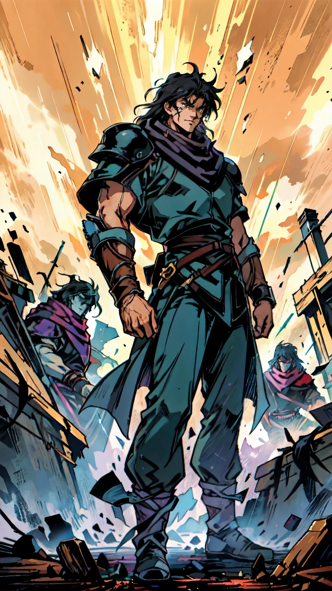 (masterpiece:1.2, best quality:1.2, extremely delicate:1.2), a middle-aged man, wild disheveled long hair streaked in red and black, a rugged and imposing face, a lightning-shaped tattoo on the left side of his face, sharp eyes, a confident smile, a tall and muscular build, a fantasy martial arts-style short-sleeved coat, form-fitting scale armor underneath, a black fur shawl drapes over his shoulders, wrist guards, matching canvas trousers, stands majestically on shattered ground, surrounded by floating debris, this character embodies a finely crafted fantasy martial arts-style overlord in anime style, exquisite and mature manga art style, dramatic, high definition, highres, ultra-detailed, ultra-fine painting, professional, perfect body proportions, golden ratio, anatomically correct, symmetrical face, extremely detailed eyes and face, high quality eyes, creativity, RAW photo, UHD, 32k, Natural light, cinematic lighting, (masterpiece-anatomy-perfect:1.2)