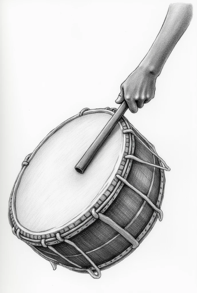 Closeup shots of dhol being played with stick.  Pencil sketch 
