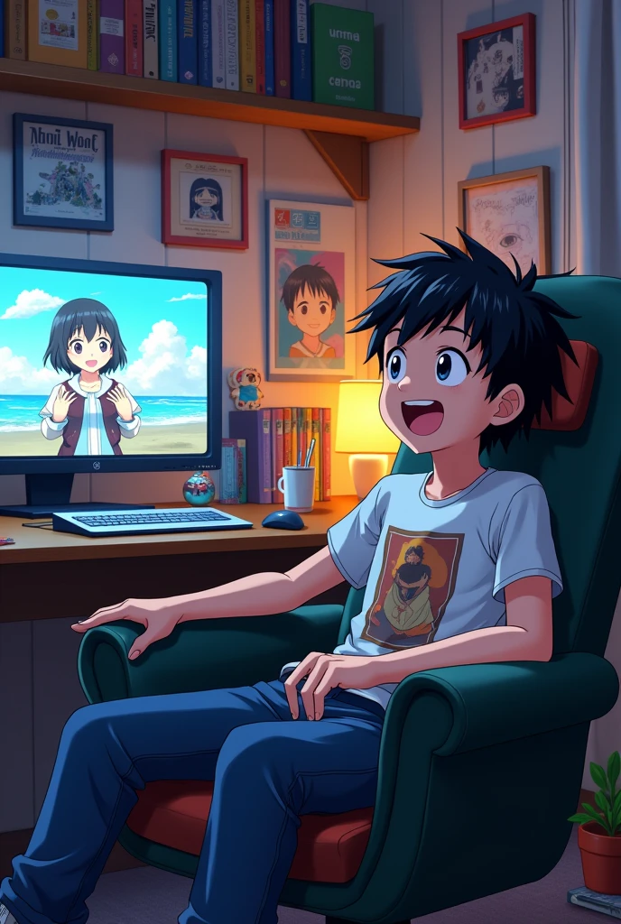 A black-haired boy is sitting on a comfortable chair in his otaku-themed setup. He has a cheerful expression, with a wide smile showing his enjoyment. His black hair is styled in a casual, slightly tousled manner. He's wearing a relaxed outfit, such as a graphic t-shirt featuring anime designs and comfortable jeans.The background of the setup is filled with anime posters, figurines, and manga volumes neatly organized on shelves. The room has a warm, cozy atmosphere with soft lighting, perhaps from a desk lamp or LED strips. On a desk or table in front of him, there's a laptop or a large screen displaying an anime episode. The boy's gaze is fixed on the screen, and he’s holding a snack or drink, enhancing the casual, relaxed vibe of the scene.high school last year