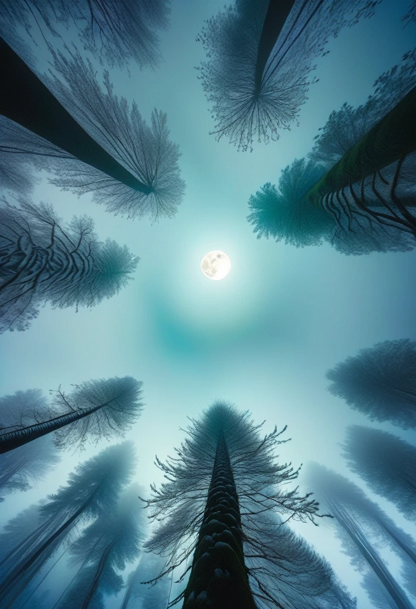 (Only the tops of the trees and the full moon are visible.) 在月光下大暴风雪的森林 close up 雪覆蓋森林 很大的扭曲 樹木形狀奇特樹枝多 ( Look from the bottom up) close up (Only the tops of the trees and the full moon are visible.) Heavy snow, moonlight filtering through the gaps in the trees. High dynamic range, Ultra high quality, Tyndall effect. Blue-green mist layers, abundant and luminous moon. Eerie atmosphere. Dense fog pervades the surroundings. The misty environment conveys a sense of mystery and suspense. Breathtaking. Tyndall effect. Ethereal glow. Detailed depiction. Surreal. Dreamlike world. Sharp focus., Limit depth for writing, Best shadow, Perfect light, High Dynamic Range, Realistic textures, Ultra-detailed background wide-angle shots