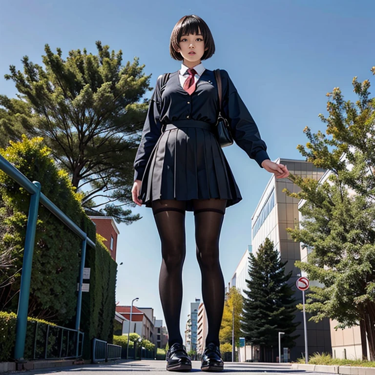 giantess art, a hyperrealistic schoolgirl, 非常に詳細なthe giantショット, the giant, Shorthair, black pantyhose, A gigantic high school girl that&#39;s much bigger than a skyscraper, wearing rimless glasses, huge tit, Navy blue blazer, Red tie, Mini Length Skirt, black pantyhose, I don't wear shoes., very small metropolis, miniature metropolis, A miniature metropolis that is only up to your feet.、Squatting down and urinating, The city is a sea of urine, tsunami of urine, Small trains and cars are being washed away by urine., Full body depiction, GTS, giga giantess, black pantyhose, pantyhose feet, pantyhose foot, ,stomping city,crash city,tiny city,micro city, peeing,