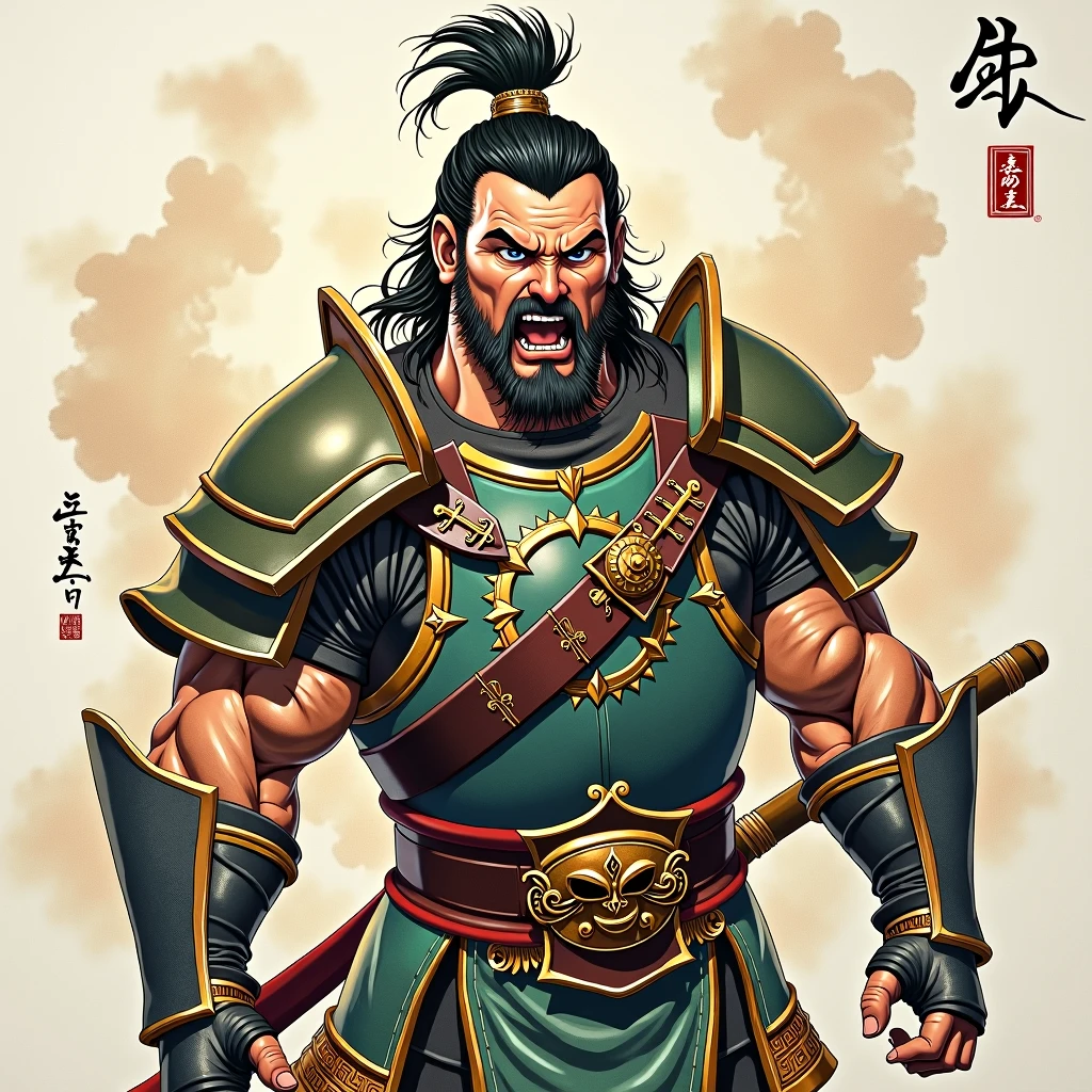 Ink Painting,Military commander,Three Kingdoms,Realism,Watercolor,General Shii, who roars with courage,Muscular and rough々Shii,Prepared to die,zhangfei,Biceps,shock wave,Round face and bulging eyes,Shouting threats towards here,Backlit majesty々,Tiger-like whiskers,Gatekeeper of Hell,My eyes are hot,Estimated 30 years old、Open your mouth wide and scream,Covered in scars,Short hair and a broken helmet,Tiger-like body hair and whiskers,Green hood,