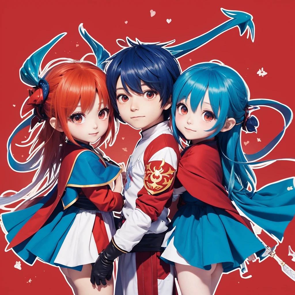 Please create an anime-style chibi character。Requirements are as follows。One is characterized by red and the other by blue。They are both wearing dragon food。They are carrying swords。They are in a relationship where they can rely on each other's backs。