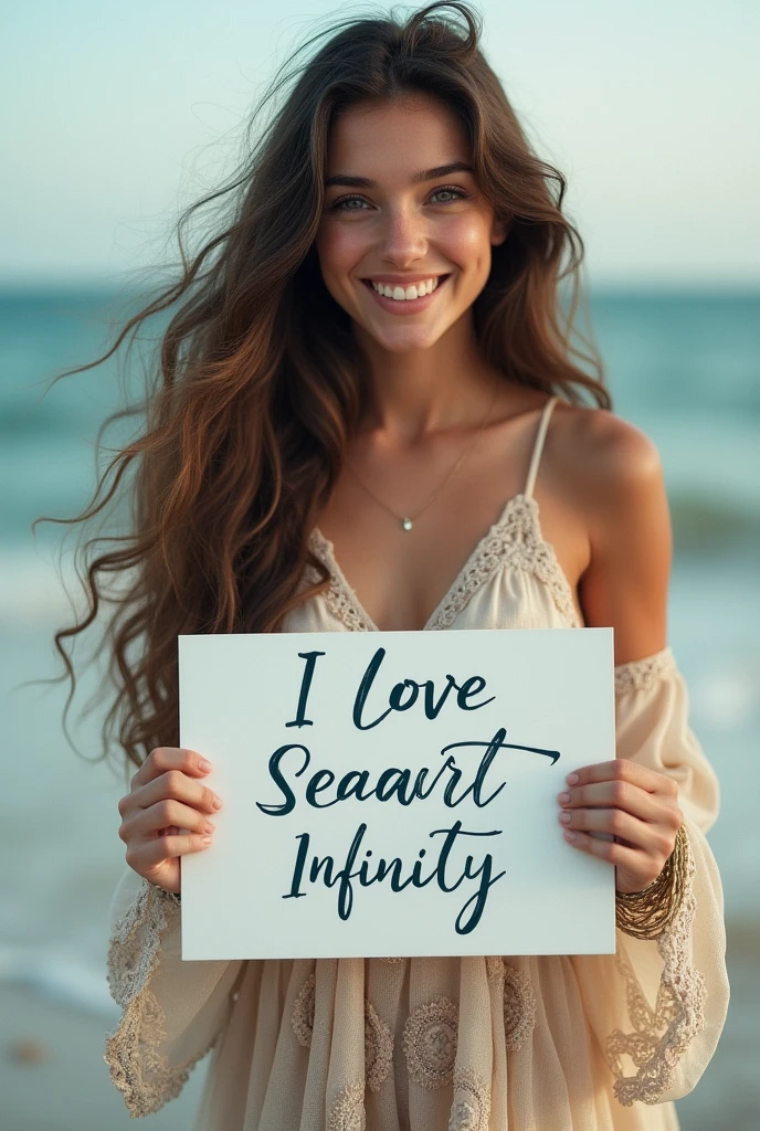 Beautiful girl with wavy long hair, bohemian dress, holding a white board with text "I Love Seaart Infinity" and showing it to the viewer