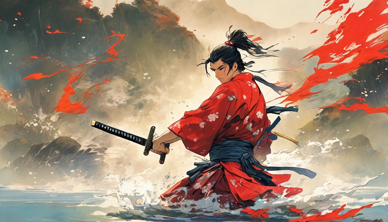 (Highest quality, Hola, The samurai emerging from the water, forcefully Splash from clothes, The hand gripping the samurai's sword, Finding, Avoidance, Dodge, Realistic, photo-Realistic:1.37), Swirling vibrant colors, Sharp focus, Bokeh, (Fancy:1.2),(Mysterious Landscape), (Dynamic pose:1.37), Strong gaze, Extraordinary power, The power of mythology, Black and Red, Wet day, Wounds on the body, Splash, Japanese style)