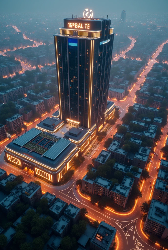 luxery hotel, school, town, multiple buildings, neon logo, neon lights, birdseye view ,art deco design,streamline moderne,futuristic architecture, Abstraction,modern style,Luxury and Luxury,dark night view,dark moody atmosphere, Futuristic decorative elements,Metallic,number line,sci-fi lamp,Virtual Engine,Unreal rendering, greenery, highways, cars, solar paneled roofs, ecofriendly, rooftop gardens, apartment buildings, balconies,