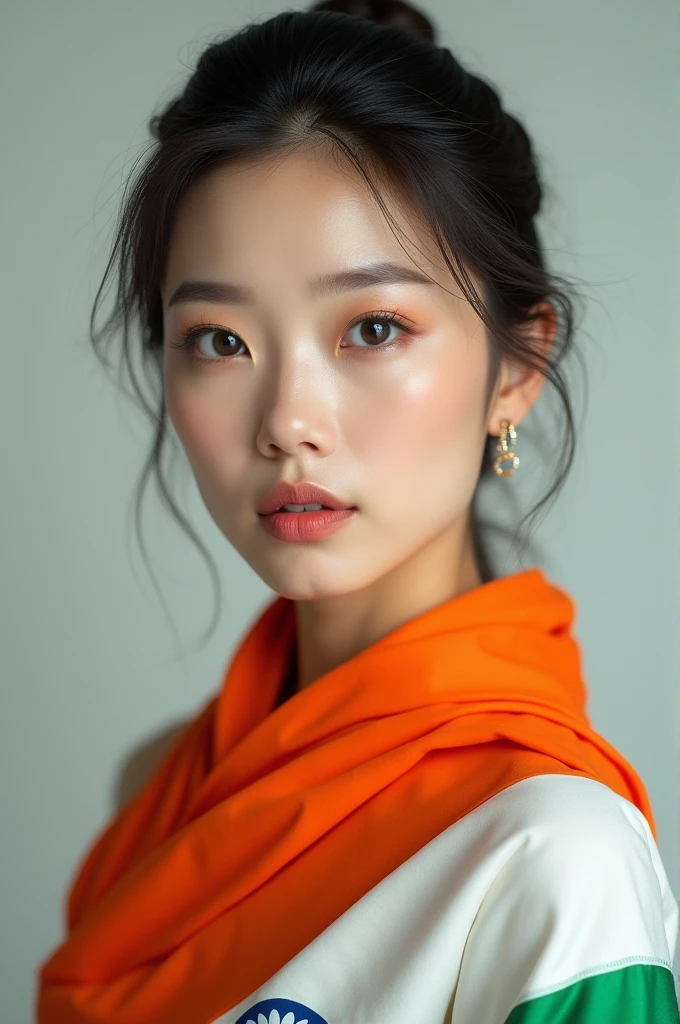 Ultra realistic photo of a chinese woman wearing indian flag as saree.