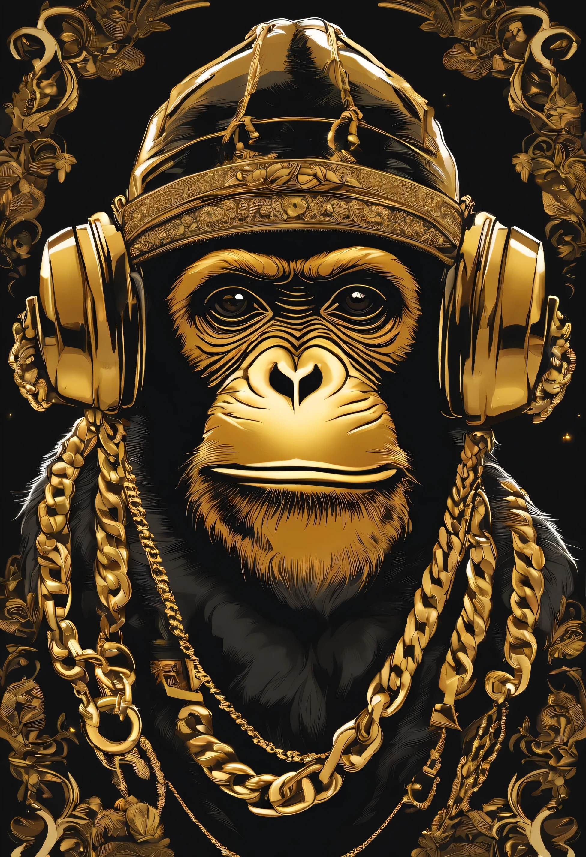 /imagine prompt: hiphop monkey illustration for a sticker with a black background, gold chain, in bold outline style, jagged edges, chilli t-shirts