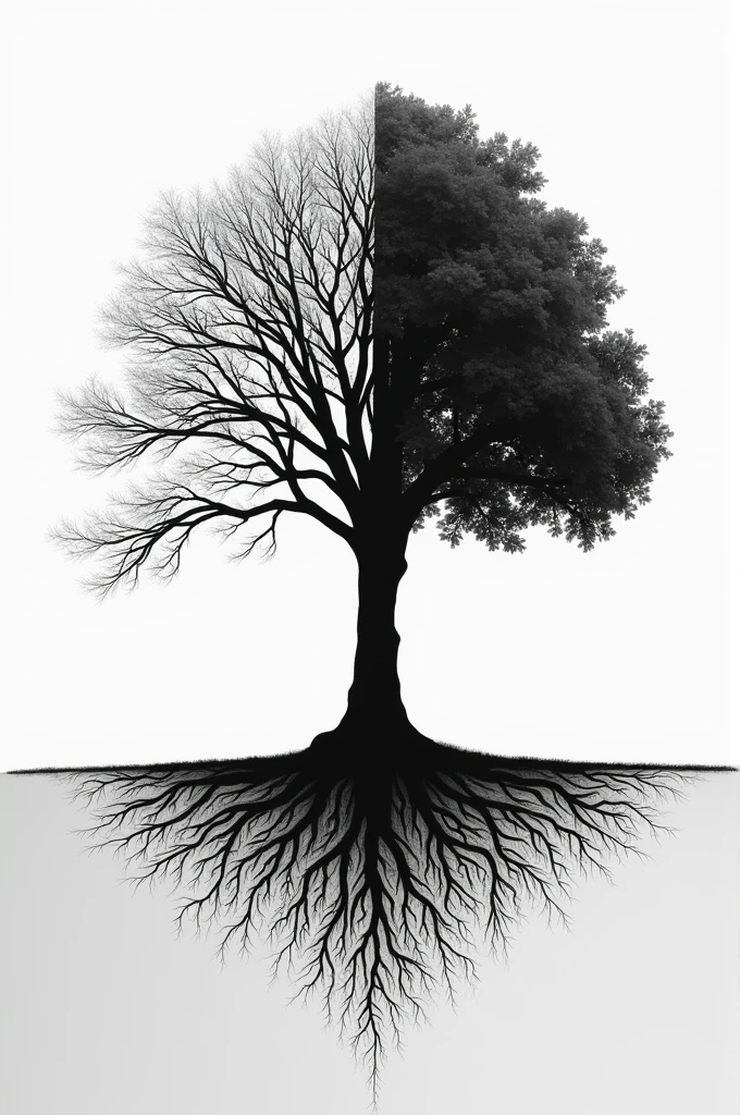 A tree of life in black and white, whose left half is white, death and without leaves ; and the right half is black, living with leaves. The roots form the first names of William and Clémence