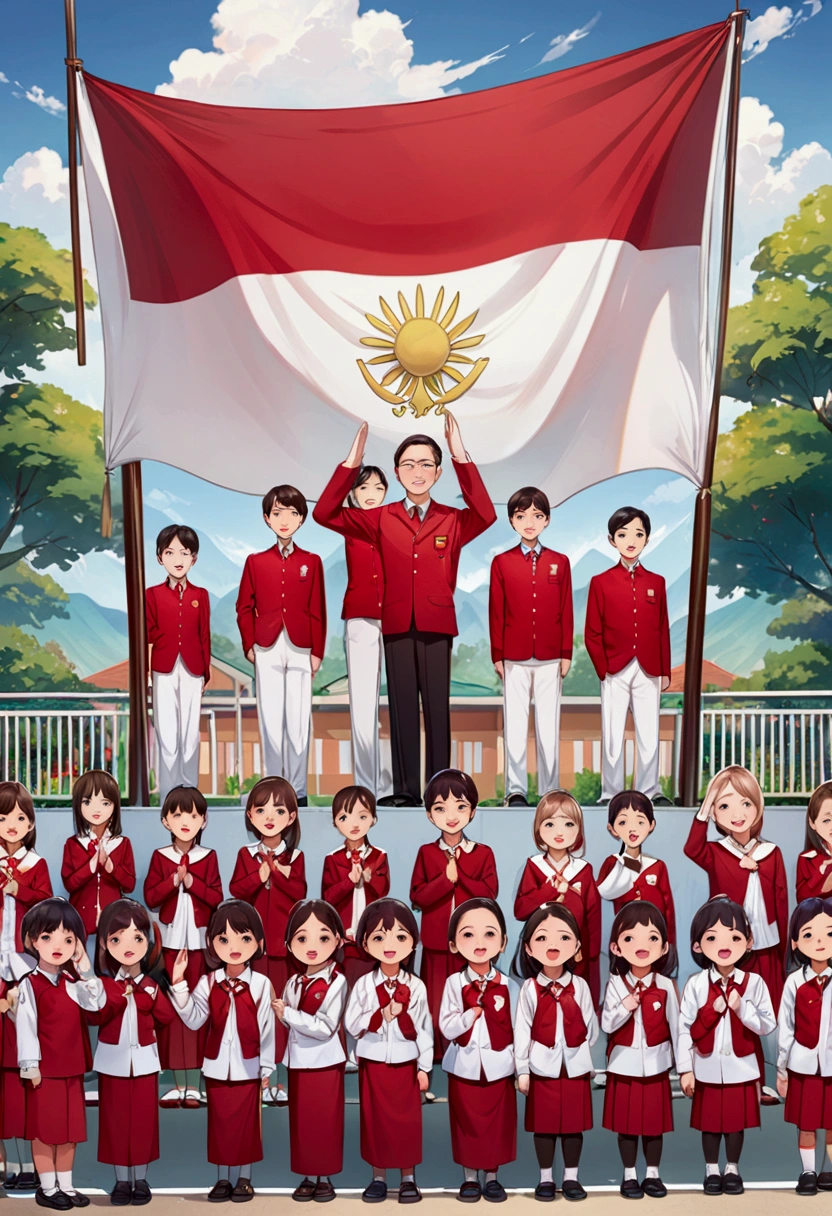 "Create an image of an Indonesian flag-raising ceremony at an school, attended by students and teachers. The children are dressed in their red and white school uniforms, while the teachers are wearing traditional khaki uniforms with short pants. The scene takes place in a spacious schoolyard with a tall flagpole in the center. The children stand in orderly lines, saluting the flag as it is raised, with expressions of pride and respect. The teachers, also saluting,