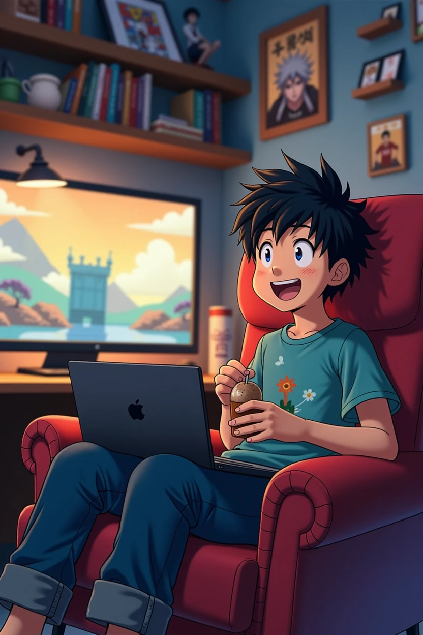 A black-haired boy is sitting on a comfortable chair in his otaku-themed setup. He has a cheerful expression, with a wide smile showing his enjoyment. His black hair is styled in a casual, slightly tousled manner. He's wearing a relaxed outfit, such as a graphic t-shirt featuring anime designs and comfortable jeans.The background of the setup is filled with anime posters, figurines, and manga volumes neatly organized on shelves. The room has a warm, cozy atmosphere with soft lighting, perhaps from a desk lamp or LED strips. On a desk or table in front of him, there's a laptop or a large screen displaying an anime episode. The boy's gaze is fixed on the screen, and he’s holding a snack or drink, enhancing the casual, relaxed vibe of the scene.high school last year