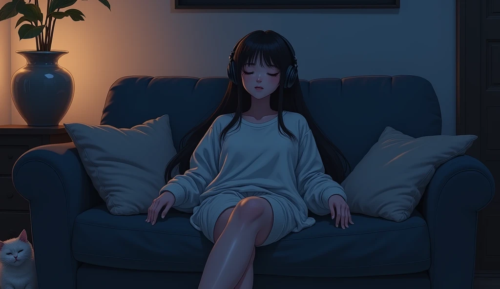 room,Woman sitting on sofa,look out、2D anime style,The cat is lying on the floor.、night、dark、I have headphones on、Let your hair down、Big Breasts、LoFi、Lo-Fi、Sweatshirt、relax、Straight Hair、Close your eyes