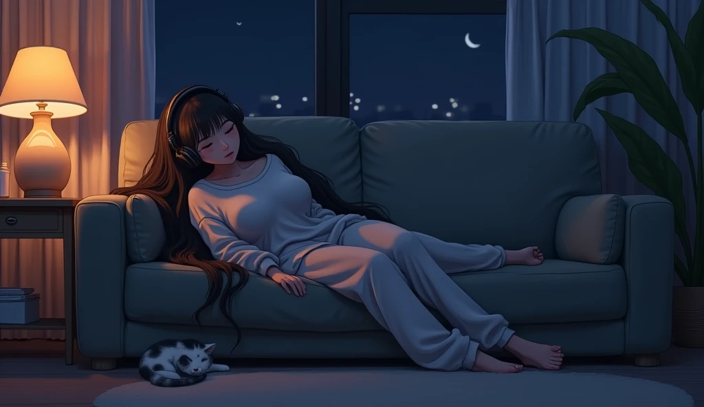 room,Woman sitting on sofa,look out、2D anime style,The cat is lying on the floor.、night、dark、I have headphones on、Let your hair down、Big Breasts、LoFi、Lo-Fi、Sweatshirt、relax、Straight Hair、Close your eyes