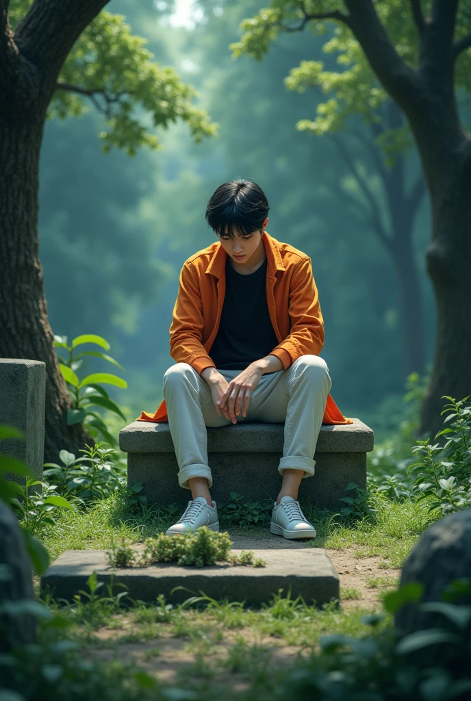 An 18-year-old man, wearing a black shirt underneath an orange long-sleeved shirt, white pants, and white shoes, is sitting on a stone chair in the forest, looking at a grave that reads 'Rinne Kudo'.