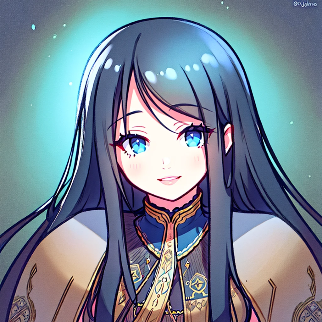 a beautiful girl with long black hair, beautiful detailed eyes, blue eyes, beautiful detailed lips, beautiful detailed face, smile, high quality portrait, detailed facial features, photorealistic, cinematic lighting, dramatic lighting, intricate details, highly detailed, hyperrealistic, 8k, masterpiece, concept art, digital painting