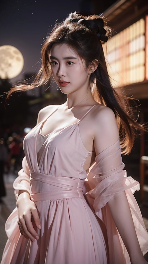 A young Chinese woman in an ancient, light pink, sheer dress stands amidst an ancient Chinese city. Her entire front is visible, bathed in the cool light of a full moon. Bats fly in circles around the moon.