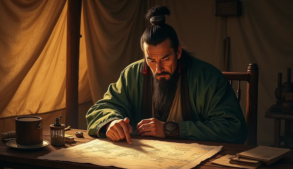 Warring States period,A military advisor from the state of Qi sat in his tent.,There is a map in front of him,He holds a bamboo slip in his left hand,Right finger pointing at the map,This picture is in a realistic style,The movie storyboard used