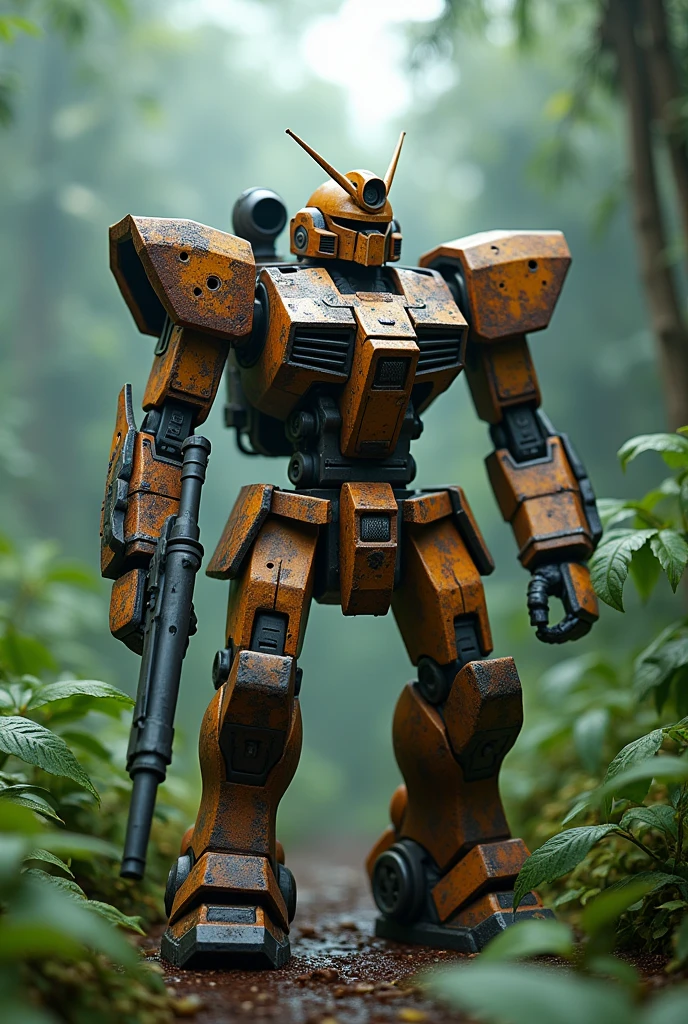A highly detailed, weathered, and battle-damaged Gundam mech model in a lush jungle setting, with moisture in the air, greenery all around, and a sense of decay and age, (best quality,4k,8k,highres,masterpiece:1.2),ultra-detailed,(realistic,photorealistic,photo-realistic:1.37),extremely detailed Gundam mech, highly detailed battle damage, missing hand, bullet holes, rusty and weathered surface, overgrown jungle, lush greenery, humidity, atmospheric lighting