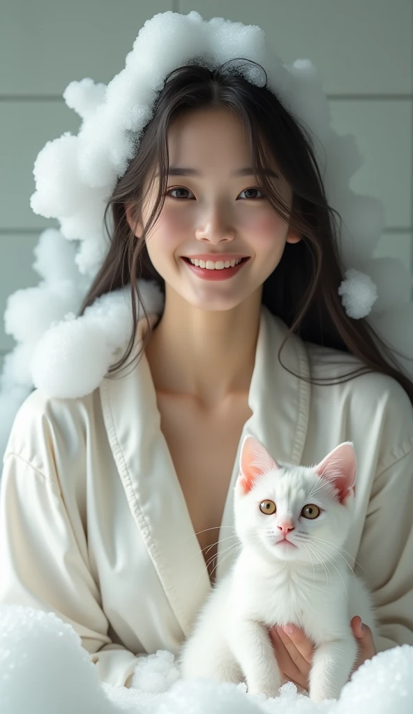 Create an Asian beauty with long hair,Regular facial features,Wearing a white satin bathrobe,Washing hair with both hands above the head,A cute white kitten next to it plays with the foam,Real bubbles,Foam envelops the beauty's entire head,Beautiful girl opens her eyes,The expression is happy,Upper Body,The characters are realistic and realistic,Bathroom Background,Character front position,9:16 frames,Ultra-high-definition picture quality