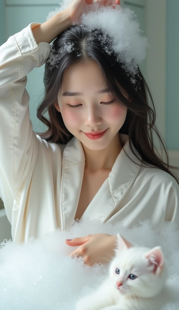 Create an Asian beauty with long hair，Regular facial features，Wearing a white satin bathrobe，Washing hair with both hands above the head，A cute white kitten next to it plays with the foam，Real bubbles，Foam envelops the beauty's entire head，Beautiful girl opens her eyes，The expression is happy，Upper Body，The characters are realistic and realistic，Bathroom Background，Character front position，9:16 frames，Ultra-high-definition picture quality