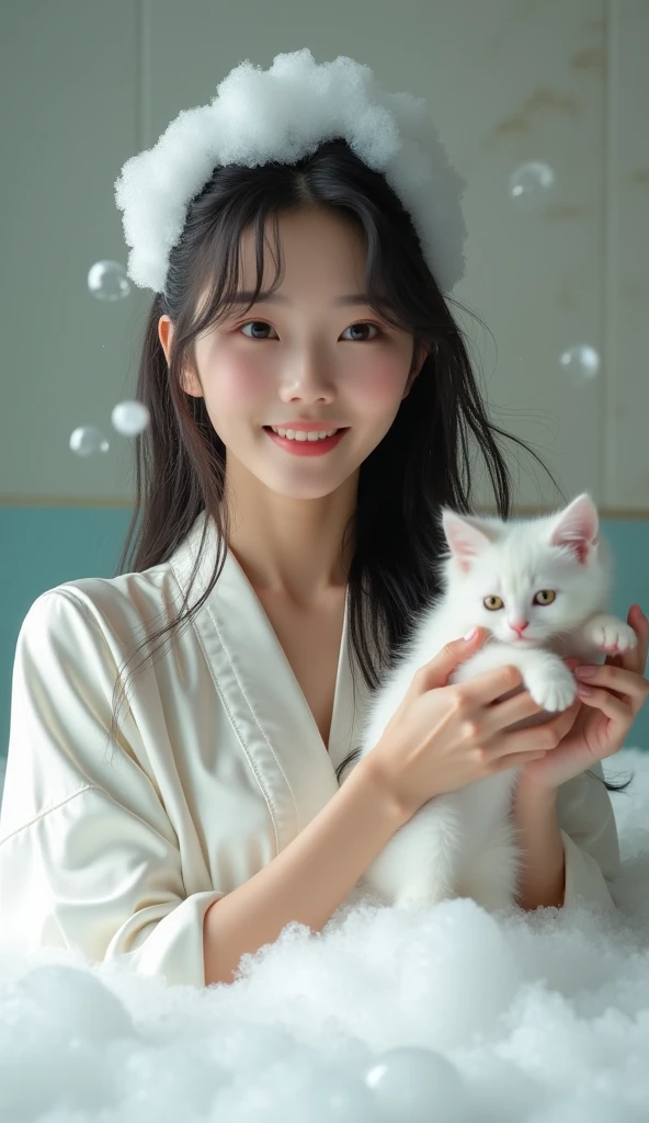 Create an Asian beauty with long hair，Regular facial features，Wearing a white satin bathrobe，Washing hair with both hands above the head，A cute white kitten next to it plays with the foam，Real bubbles，Foam envelops the beauty's entire head，Beautiful girl opens her eyes，The expression is happy，Upper Body，The characters are realistic and realistic，Bathroom Background，Character front position，9:16 frames，Ultra-high-definition picture quality