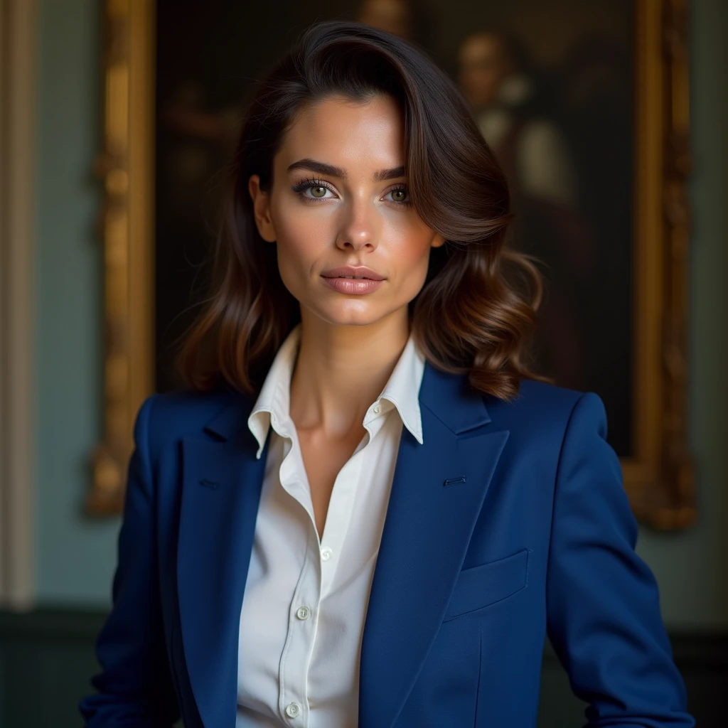 a young italian women, wears a shirt and a blue blazer, underlines her huge breast, studies history of art, successful among men, very sensual,