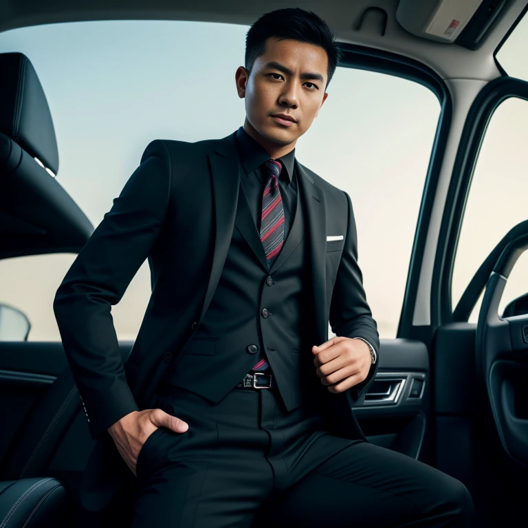 30 years old,One Man,Black Suit、With a handgun on his hip、guard、Inside the car、legs wide open、,,logic,Gay ,Very short hair、 ,Asian Faces,、The crotch area of my trousers is swollen Handsome Seen from below