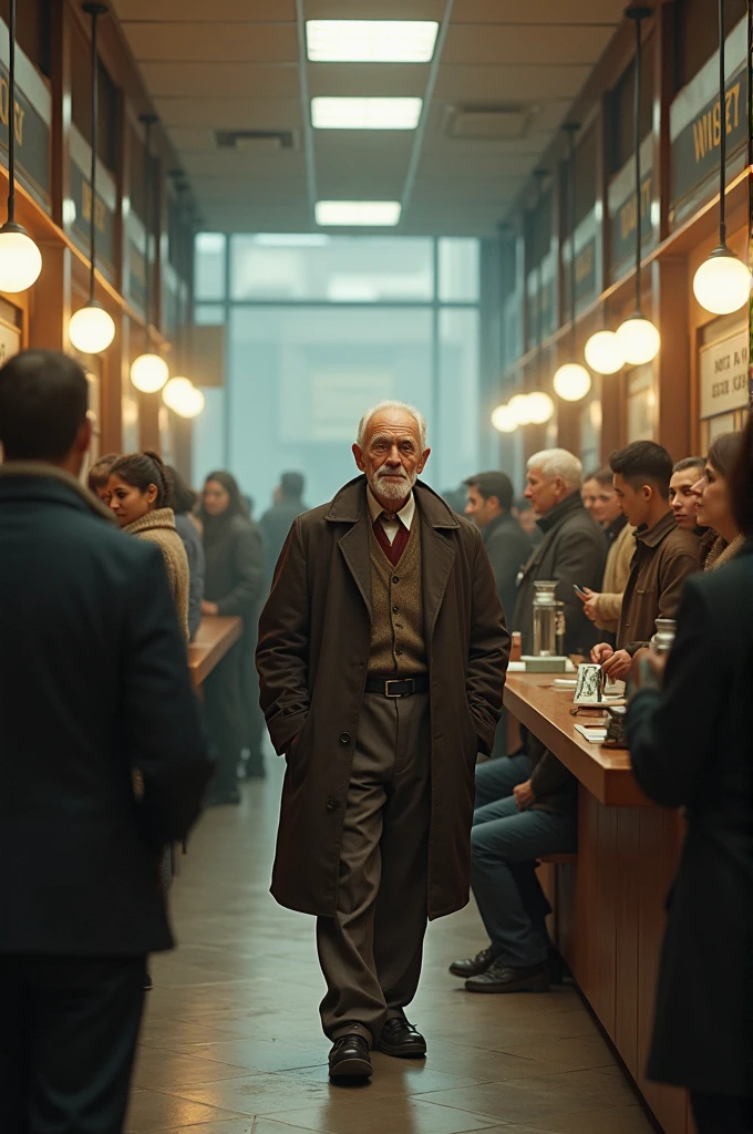 An old man went to the bank to withdraw money with cereal and some people were standing on one side of him and some people were sitting on the other side