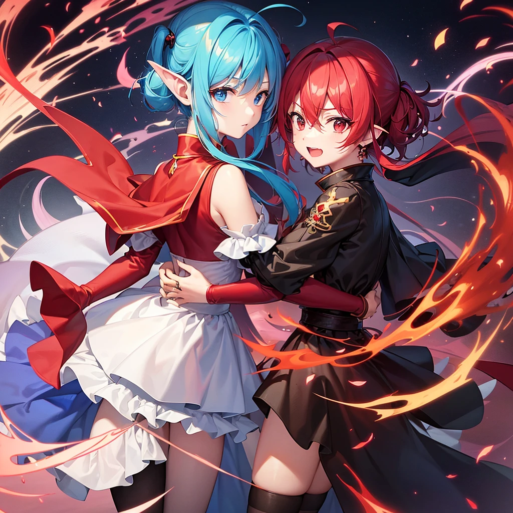 Please create a chibi character.。Requirements are as follows。One is characterized by red and the other by blue。They are both wearing dragon food。They are carrying swords。They are in a relationship where they can rely on each other's backs。