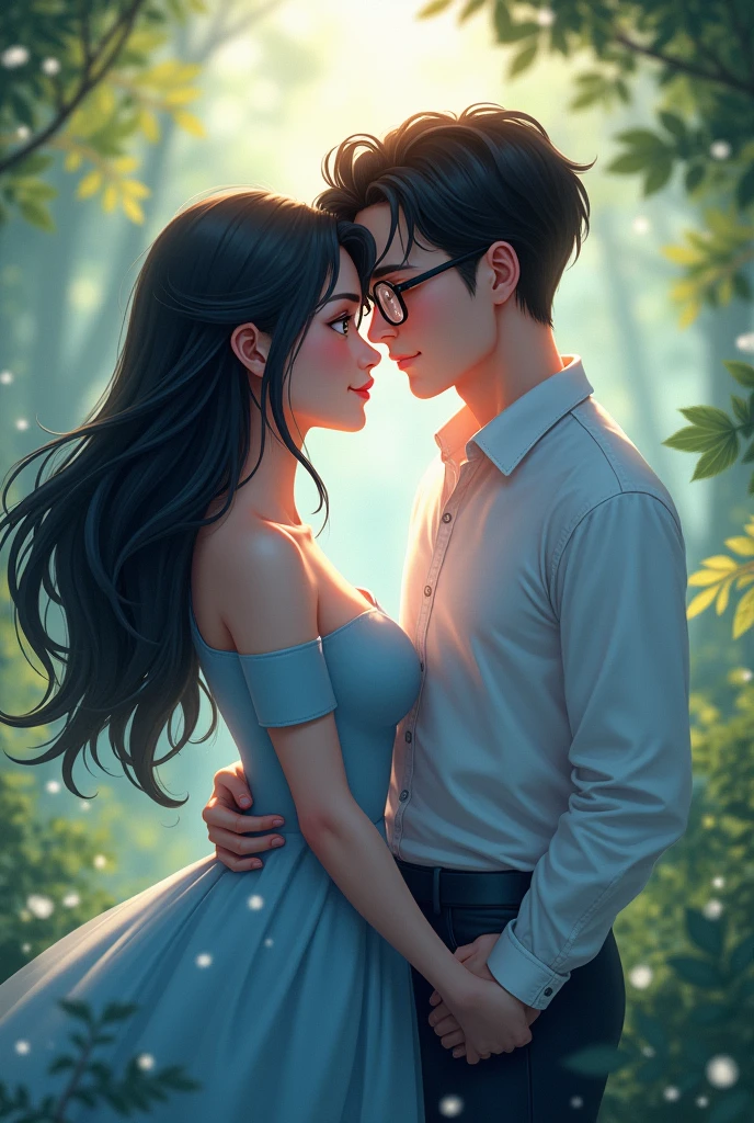 Significant other, fair-skinned woman with black hair with blue, curvy body, round face and big eyes, light skinned man, straight hair styled and rectangular glasses