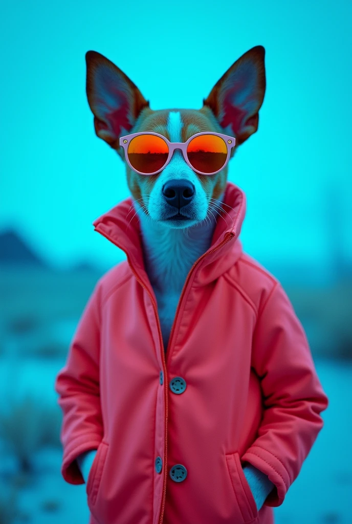 The best cell phone wallpaper, Award-Winning Wallpaper, portrait photography, In the front view is a portrait of a cute dog wearing mid-1960s space age fashion, Side view photo, Shot with Canon EOS R5, Set a strong contrast that accentuates the subject, Fluorescent blue tone, Wearing a very modern coat and sunglasses is a modern 1960s style, Clothes all in one color, beautiful background