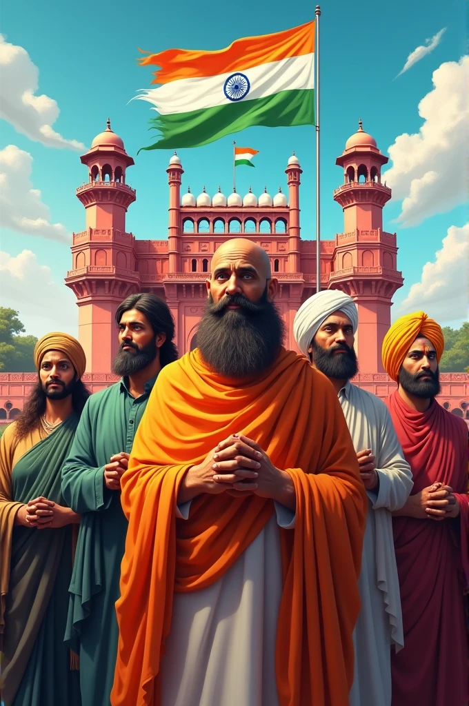 Create an image for India's 78th independence day celebration which was possible with sacrifice of all the community including Hindu, Sikh, Parsi, Muslims, Christian etc. The image would have Red fort and a tricolour Indian flag as well