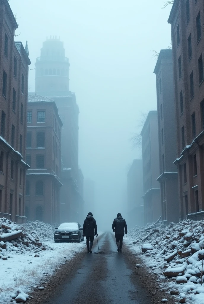 Snow on ruins, mysterious fog, deep and thick, wanderers, crumbling buildings, broken cars, bumpy roads, rubble, ruined modern civilization,