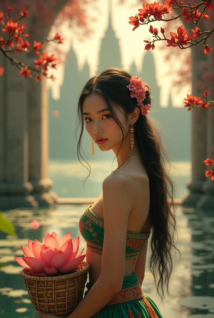 (photo realistic:1.4), A Cambodian beauty stands under a lush ponies blossom arbor, long flowering hair adorned with delicate Jasmin flowers and jewelleries, her face serene as she looks directly at the viewer. She wears a white traditional tube top and green sarong with red and golden Khmer traditional patterns, intricately embroidered and seem to shimmer in the soft light. Her slender fingers deftly carrying a traditional bamboo basket full of lotus flower s. Abstract light dances across her skin, casting a warm, golden glow. The background is a mesmerizing blend of silhouette of old Khmer temple in silver-gray and gold, reminiscent of a traditional angkorian painting. Vivid, expressive brushstrokes evoke a sense of dynamic movement, while realistic textures and detailed matte painting create an immersive, photorealistic atmosphere. The overall aesthetic blends the intricacy of khmer art with the captivating, high-fantasy feel of a concept art piece, evoking the works of artists like Loish, Simon Stalenhag, and Yang Qi.