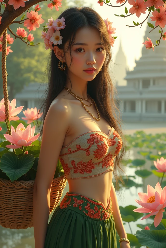 (photo realistic:1.4), A Cambodian beauty stands under a lush ponies blossom arbor, long flowering hair adorned with delicate Jasmin flowers and jewelleries, her face serene as she looks directly at the viewer. She wears a white traditional tube top and green sarong with red and golden Khmer traditional patterns, intricately embroidered and seem to shimmer in the soft light. Her slender fingers deftly carrying a traditional bamboo basket full of lotus flower s. Abstract light dances across her skin, casting a warm, golden glow. The background is a mesmerizing blend of silhouette of old Khmer temple in silver-gray and gold, reminiscent of a traditional angkorian painting. Vivid, expressive brushstrokes evoke a sense of dynamic movement, while realistic textures and detailed matte painting create an immersive, photorealistic atmosphere. The overall aesthetic blends the intricacy of khmer art with the captivating, high-fantasy feel of a concept art piece, evoking the works of artists like Loish, Simon Stalenhag, and Yang Qi.