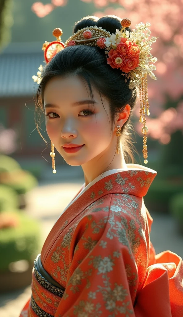 Princess of the Edo period in Japan、20age、Beautiful kimono、The face is very beautiful and well-proportioned、smile、The castle garden is in the background、Daytime