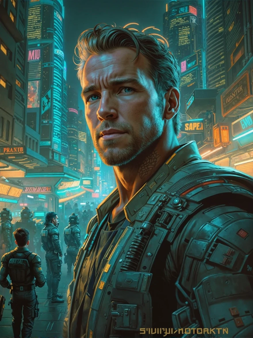 cinematic neon punk portrait of 24 yo [Arnold Schwarzenegger:Ryan Reynolds:0.5] as Doug Quaid walks in a Futuristic Bustling Business District of Martian Colony City Dome, Cyberpunk Skyscrapers Building, bustling bussy alley, expressionless smirk, intricate, frugal, highly detailed, intricate, digital painting, artstation, concept art, smooth, sharp focus, hyper photorealistic illustration, art by Don Lawrence and Frank Bellamy and alphonse mucha, 32k,
