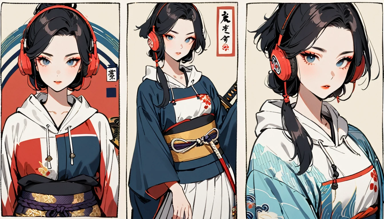 (((1 girl))), (((Flashy makeup))), (((Japanese style headphones))), (((Japanese pattern hoodie))), (((Japanese sword))), (((Female KUNOICHI))), Japanese beautiful girl, Black Hair, Delicate and precise, Modern ukiyo-e style, Japanese flag, red and blue neon