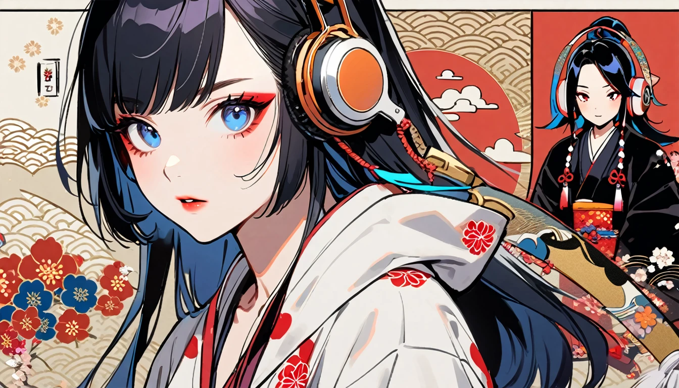 (((1 girl))), (((Flashy makeup))), (((Japanese style headphones))), (((Japanese pattern hoodie))), (((Japanese sword))), (((Female KUNOICHI))), Japanese beautiful girl, Black Hair, Delicate and precise, Modern ukiyo-e style, Japanese flag, red and blue neon