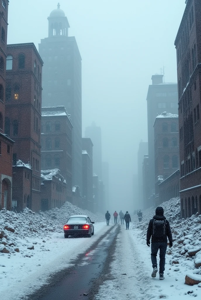 Snow on ruins, mysterious fog, deep and thick, wanderers, crumbling buildings, broken cars, bumpy roads, rubble, ruined modern civilization,