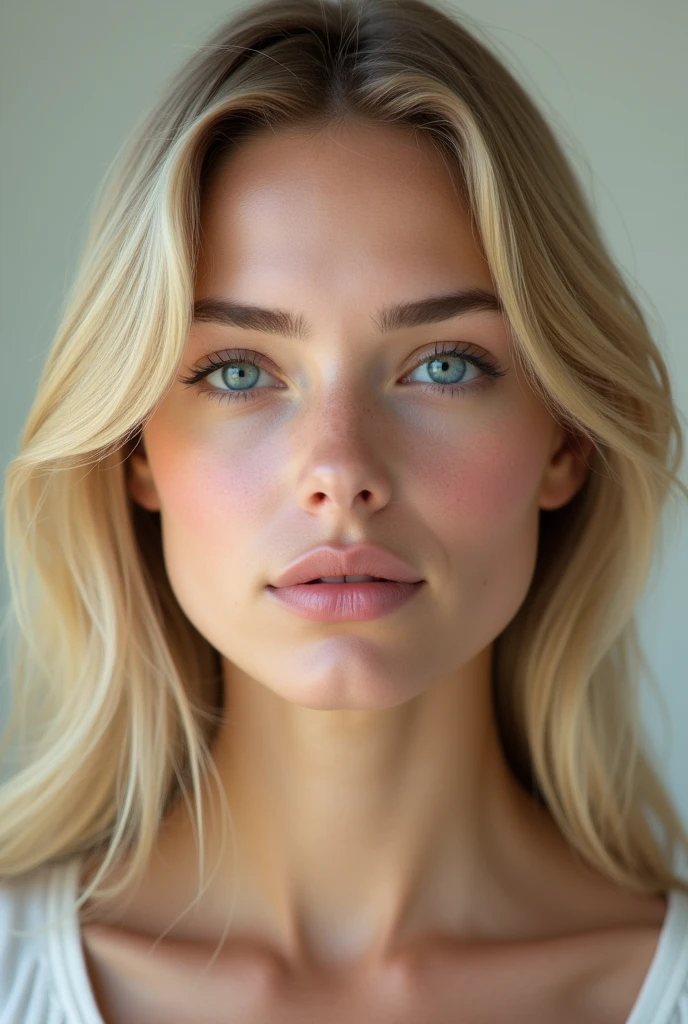 face of a blonde woman, clear eyes, full mouth, but without exaggeration