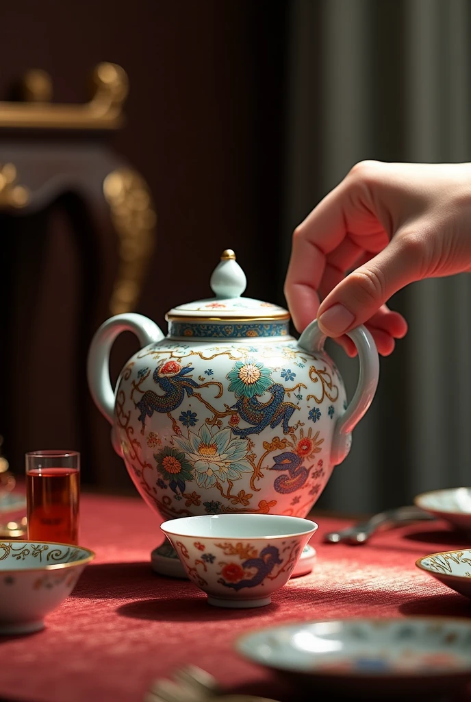 Create an image of a traditional Vietnamese court-style ceramic wine jar., pouring wine into a cup. Ceramic vase with exquisite motifs, imbued with Vietnamese culture like the dragon, phoenix, or lotus. The scene has a royal atmosphere, with traditional style decorative table, Silk tablecloth and elegant china