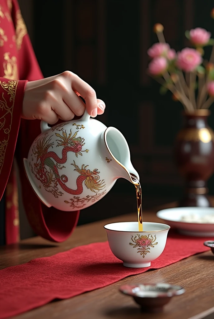 Create an image of a traditional Vietnamese court-style ceramic wine jar., pouring wine into a cup. Ceramic vase with exquisite motifs, imbued with Vietnamese culture like the dragon, phoenix, or lotus. The scene has a royal atmosphere, with traditional style decorative table, Silk tablecloth and elegant china
