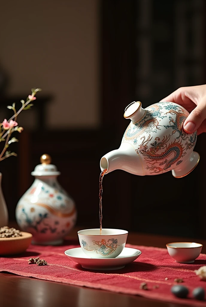 Create an image of a traditional Vietnamese court-style ceramic wine jar., pouring wine into a cup. Ceramic vase with exquisite motifs, imbued with Vietnamese culture like the dragon, phoenix, or lotus. The scene has a royal atmosphere, with traditional style decorative table, Silk tablecloth and elegant china