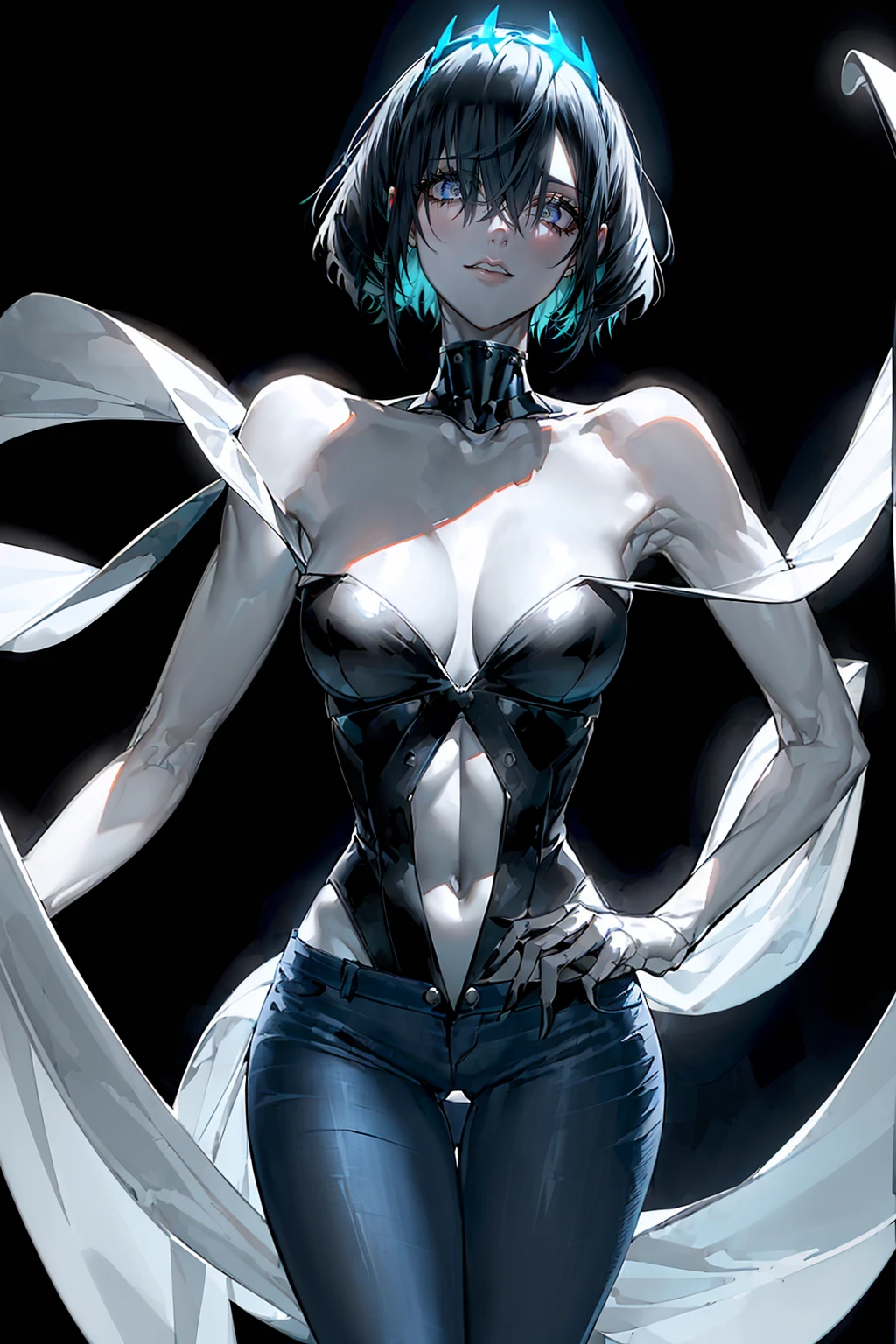 (Best quality, very detailed, high resolution: 1.2) Scary atmosphere, delicate facial description, perfect-faced woman, glowing blue eyes, loud laughter, black hair, shoulder-length bob, blue tube top, long jeans, black choker, pale skin, light and dark background falling from above, perfect body structure, correct anatomy
