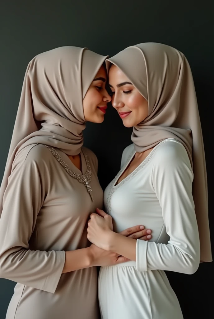 2woman, 3-Years-Old,Female Teacher, Hijab Beautiful Indonesian Woman, Wearing Tight Gamis, wearing bra, White Porcelain Skin, Realistic Ultra,,2, Lesbian Sex, deeply in Lustful, sharing kissing and breastfeeding a woman,,looking to the camera