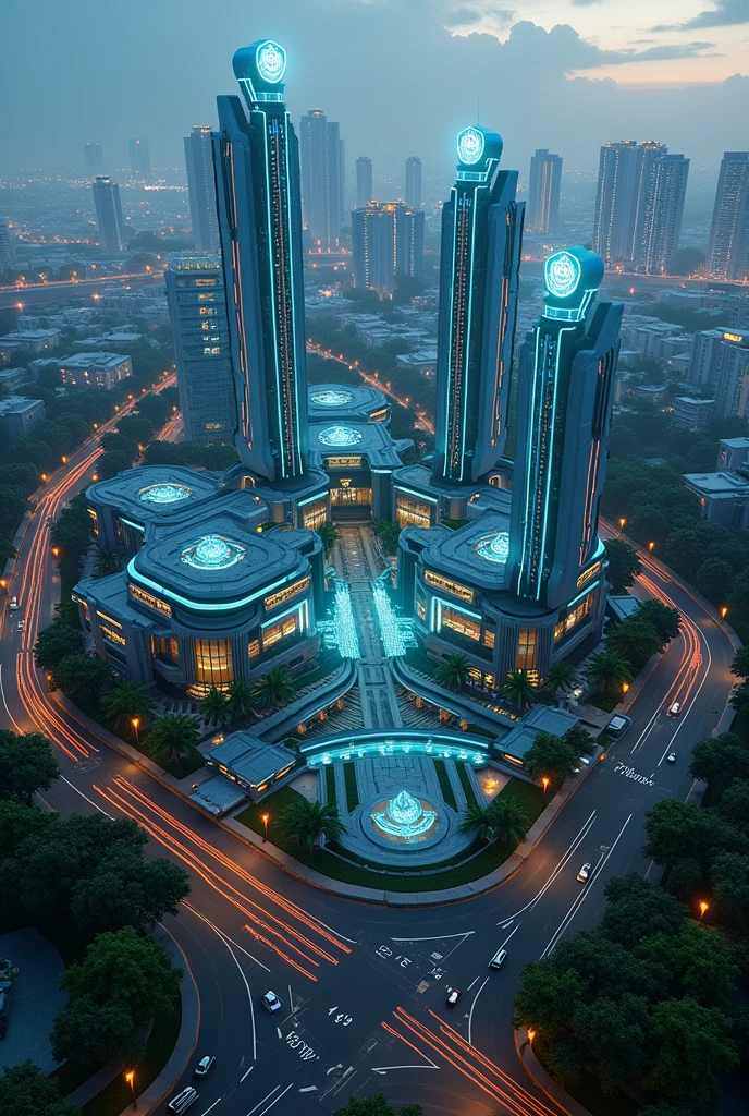 college campus, school, multiple buildings, blue neon logo, blue neon lights, birdseye view ,art deco design,streamline moderne,futuristic architecture, Abstraction,modern style,Luxury and Luxury,dark night view,dark moody atmosphere, Futuristic decorative elements,Metallic,number line,sci-fi lamp,Virtual Engine,Unreal rendering, greenery, highways, cars, solar paneled roofs, ecofriendly, rooftop gardens, apartment buildings, balconies,